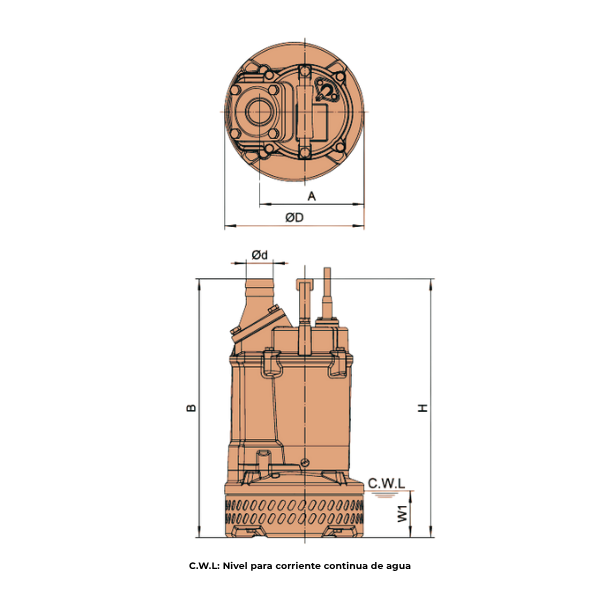 Bomba sumergible ATA grafico dimensiones
